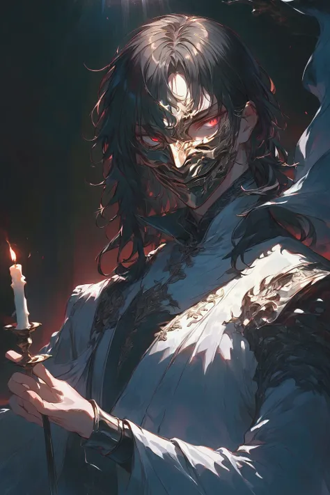 Illustration, top quality, pixiv illustration, very detailed animation, (alone) (male), half mask with only left eye, left eye scar, black hair, curted hair, red eyes, knight, dramatic lighting, dark and serene room with candle