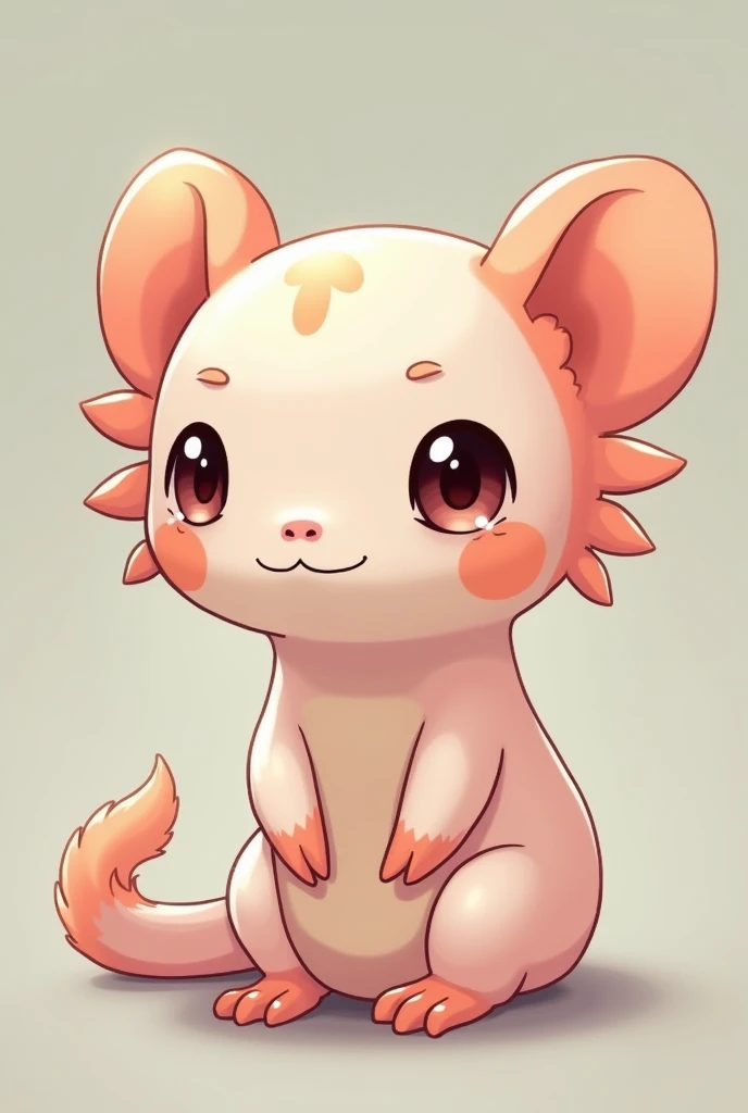 
A chibi axolotl ,  of a pastel pink color with shades of cream . It has a slender and elegant body . His eyes are big and round, big ears,  with an adorable and curious expression .  He has a light smile on his face ,  as if he were enjoying a secret .  H...