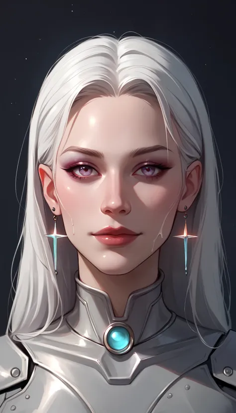 ((aidmaimageupgrader, aidmaMJ6.1, ne0nfant4sy)), A hyper-realistic, face close-up portrait of a woman with striking, very short white hair, side-trimmed and expertly side-faded, facing the viewer with an expression that conveys both strength and mystery. H...