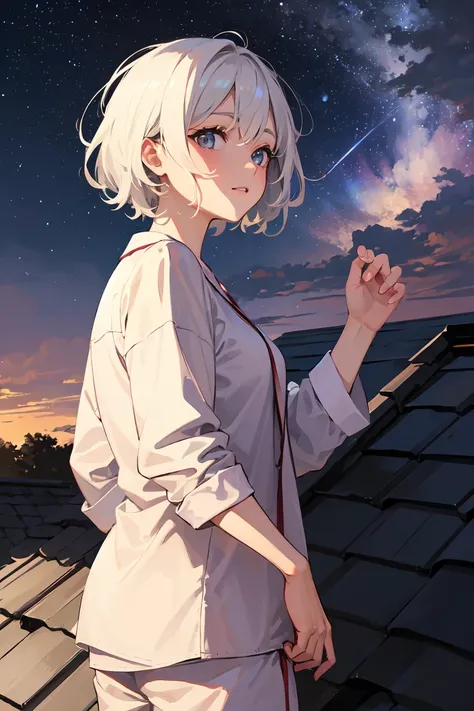  1girl,  grey hair,  white hair, Curly hair,  short hair, In pajamas, on the roof,  looks at the sky, Stars in the sky, summer