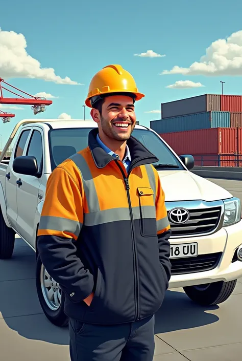  Operations Supervisor with his epp and is his yellow and black jacket on his Toyota Hilux double white cab wishes a merry Christmas to his co-workers at the APM TERMINALS MAERSK port in drawing,  the image containing a dedication that I mentioned  "  Merr...