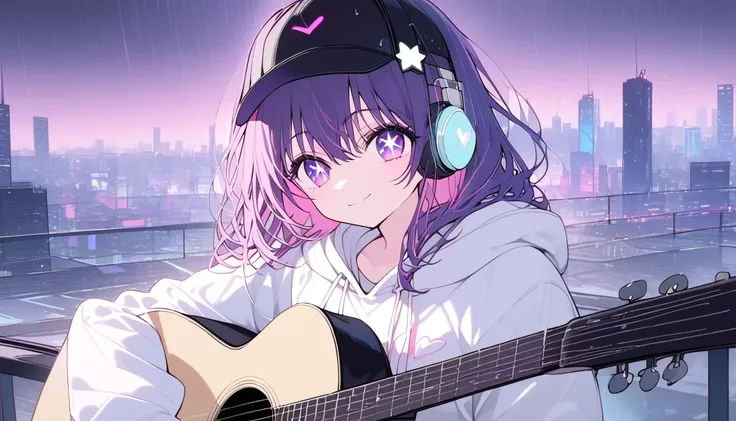 girl, Hoshino Ai, Stars in my eyes, black cap, purple long hair, white hoodie, pastel white ((heart)) with wolf cut hairstyle playing Black Acoustic guitar with headphones sitting on the building top edge in the far of neon city at moonlight and raining