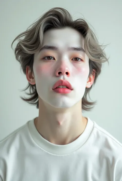 Man with white skin natural pink lips ,  puffy nose and hair with wavy cut mullet, wearing white clothes 