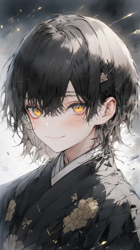  one boy ,  male focus ,  cute and cool high school boy, Beautiful yellow eyes ,  medium short hair, boy,   black hair, black kimono with floral pattern, (masterpiece), ( top quality ), ( super detailed ), Downer,  very aesthetic,  illustration,  perfect c...