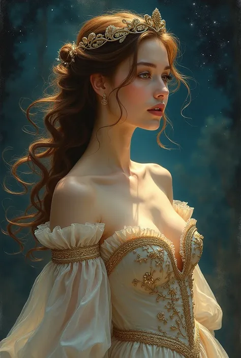 a solo beautiful princess, elegant, detailed, pretty, (rubenesque), (romanesque background), (night sky), elegant detailed dress, (art by dgtlv2 and henry asencio and zeen chin and josephine wall and edwin deakin), (masterpiece), (good anatomy),