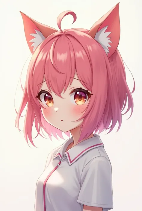 Picture of a girl with a pink head with cat ears wearing a school shirt