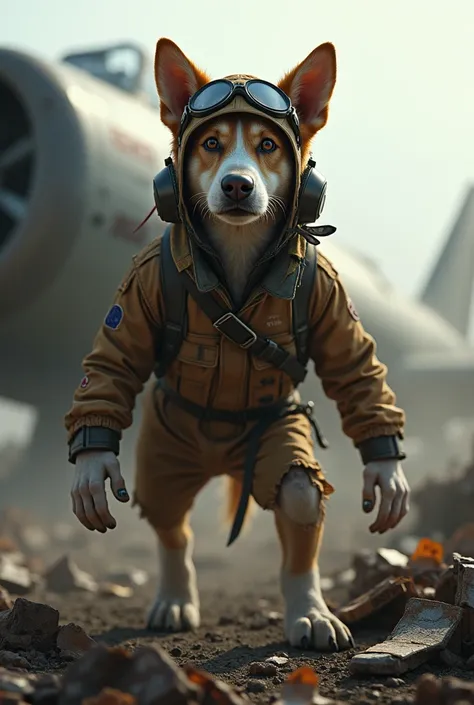 Create an airplane pilot dog coming out of the rubble of a plane crash with a torn pilots uniform