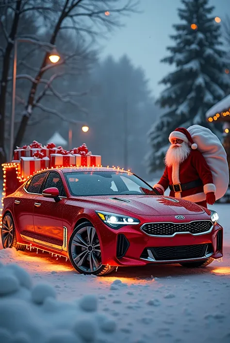   realistic photo , a fusion between a Santa Claus sleigh and a Kia stinger escalade with Christmas lights. Santa Claus next door with a gift bag 