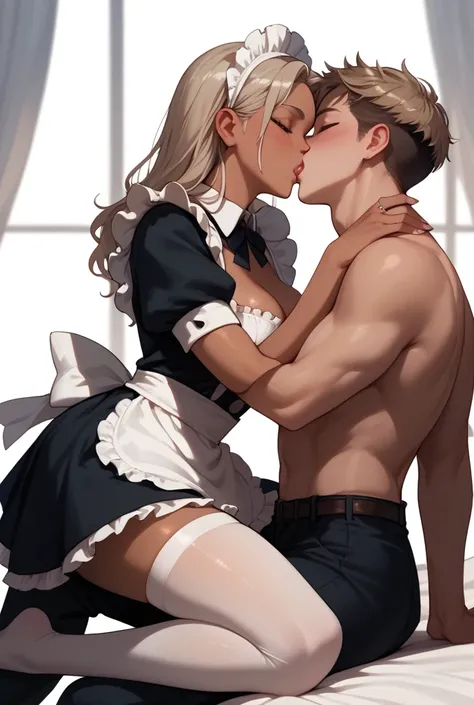 boy kissing, With sexy tanned skin maid ,  the maid has long white stockings