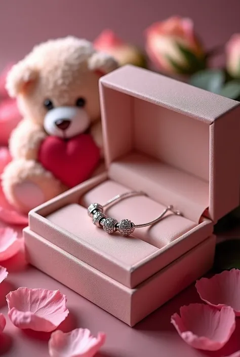  create inside a very luxurious and feminine gift box , filled with rose petals , very delicate,  a Pandora bracelet and necklace  ( with the Pandoras box on the side ),  next to the gift box place perfect roses and a bear with a heart 