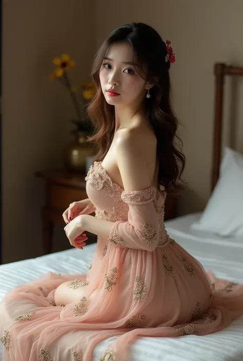 A woman in a dress is posing on the bed.  Vintage Chinese dress ,  Sexy Body, petite figure,  Perfect body like the picture ,  sexy idol girl , Running Water, tease, whole body, cute,  Beautiful and intricate dress ,  covering the chest , Measure the back ...