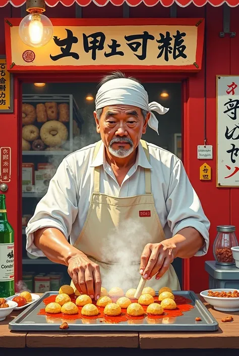 Poster of Japanese man cooking takoyaki using stick at red shop with tittle "Toyo Takoyaki" in alphabet