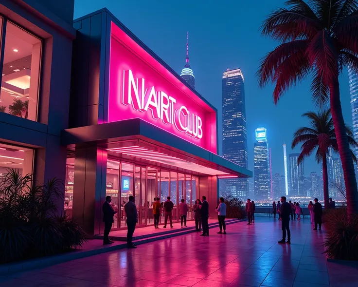 The exterior front of a nightclub with a neon sign