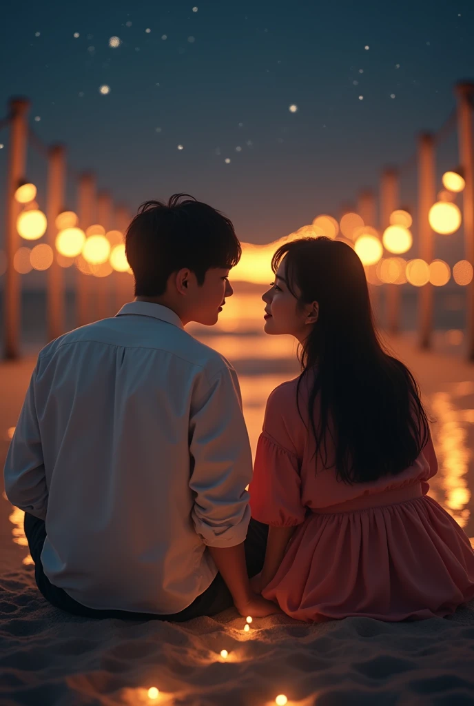 Photo of a pair of Korean lovers again sitting Romantically on the beach at night many lights facing forward 
