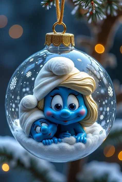 Christmas sphere with the face of an elderly Smurf with her granddaughter.