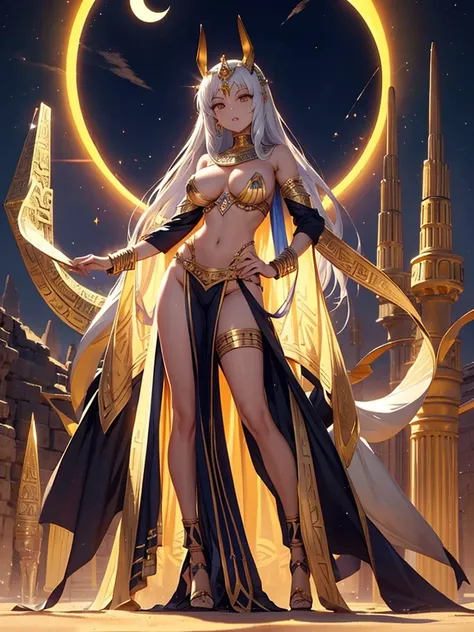  Egyptian Mythology 、Anubis the God、goddess、woman、Completely naked、 Big Breasts 、Curved waist、 I wear gold and silver accessories all over my body、Completely naked、Standing in the desert of the solar eclipse 