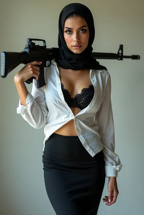 A realistic photo muslim woman with long lashes wearing a pencil skirt and open White shirt, black bra with AK 47 