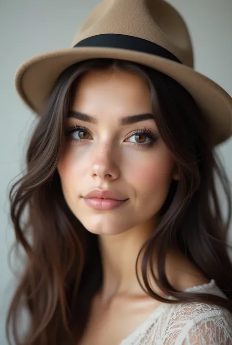 A high-quality, natural-looking portrait photo related to the eyelash industry, of a white girl, with very dark brown hair, not too thin. And a hat on her head.