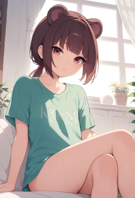 masterpiece, best quality, 1 cute small girl , short dark brown hair, straight hair, straight bangs, fringe, low ponytail, bear ears, crimson eyes, flat chest, green t-shirt, sexy legs, on her room