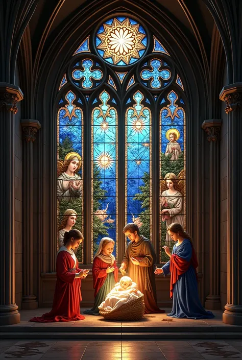 Gothic stained glass window, ultra realistic, birth of Jesus, grandeur and majesty
