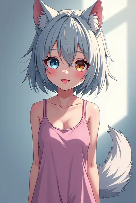 You can make an image of a  girl who measures 1 .20,  has a slim and flat build like a  , She has pink lips , parts,  long eyelashes are not attractive,  ears and wolf tail ,  a blue eye and an amber eye ,  short and messy silver hair ,  wolfs fangs,  and ...