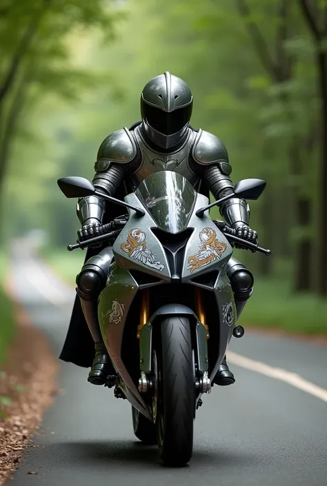 A medieval knight
Riding a bmw s1000rr on road
