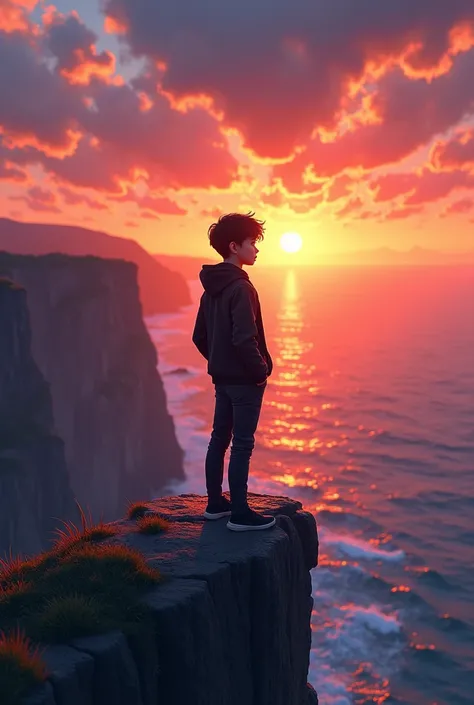 Generate me a boy standing by a cliff with a sunset facing towards it with a cool black jacket 