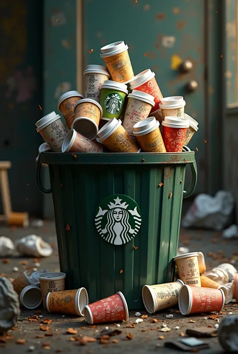 a trash can full of Starbucks cups 