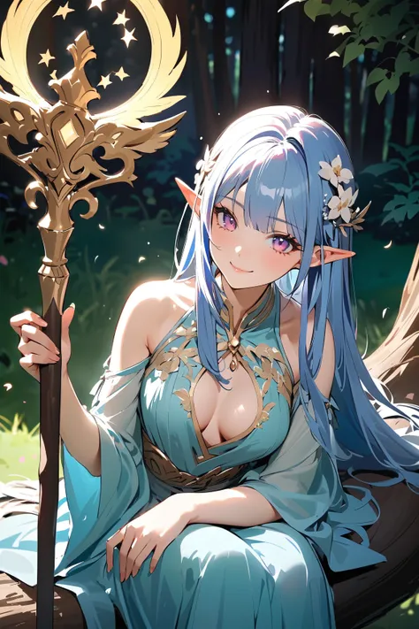 1 girl, (cute face), young elf girl, (long hair), (smiling), (medium breasts), slim, (wearing elegant mage robes), floor-length, (delicate embroidery), 
BREAK 
Enchanted forest, glowing mystical flowers, (sitting on a tree branch:1.2), (holding a magical s...