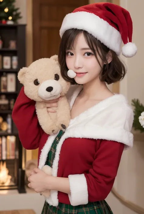  Inhaling Eyes , cute double ,  Woman hugging her favorite stuffed animal at home,  Santa Claus Outfit ,  cosplay,  Christmas, small animals, Inward-curling short hair,  curly hair , Freshly washed hair , First home date, Talented , Kind personality,  woma...