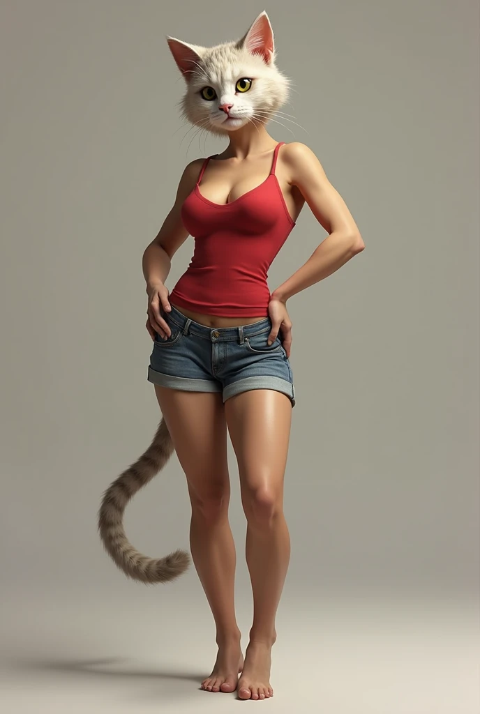 Draw a realistic female cat standing like a sexy girl. She has a human-shaped body. Shes wearing a tight short jeans and a red tank top.