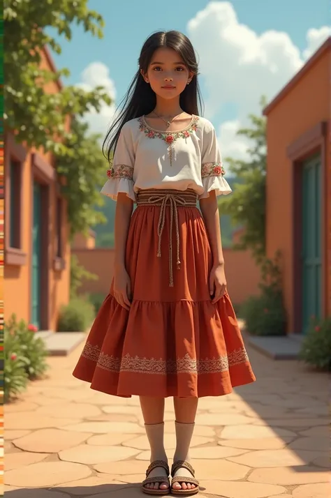 Mexican female school uniform. Embroidered white blouse, optional woven shawl. Flowing terracotta skirt with embroidery, wide fabric belt. Knee-length neutral stockings. Low-heeled leather sandals with decorative accents.