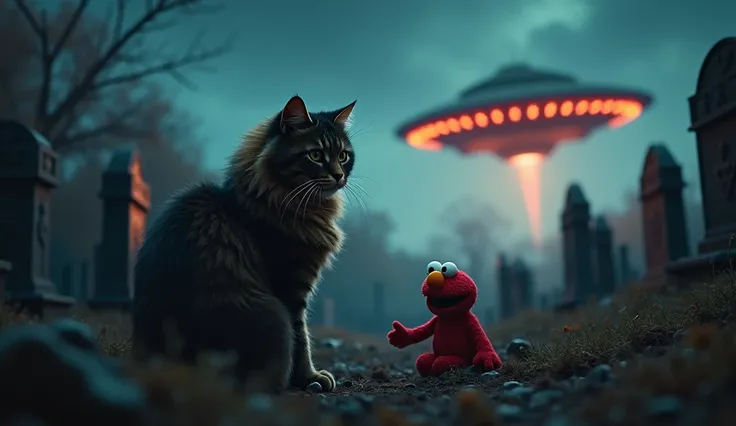 A dark brown long hair tabby cat,Elmo the Muppet holding ,cemetery at night,zombies getting out of tombs,Halloween scene,spooky atmosphere,moody lighting,detailed zombies,detailed cat,detailed Elmo,highly detailed,photorealistic,cinematic lighting,dark col...