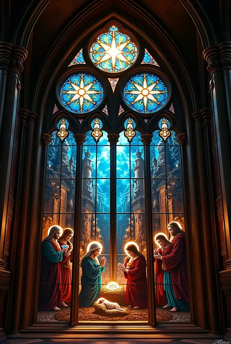 Gothic stained glass window, ultra realistic, birth of Jesus, grandeur and majesty, Three wise men 
