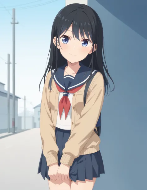 Masterpiece, hd, 1girl, kura Rin, small breasts, thing leg, black hair, blue eyes, long hair, wearing sailor uniform, long sleeves, white sailor uniform, blue sailor collar, blue pleated skirt, red neckerchief, wearing brown sweater, cute girl, cute charac...