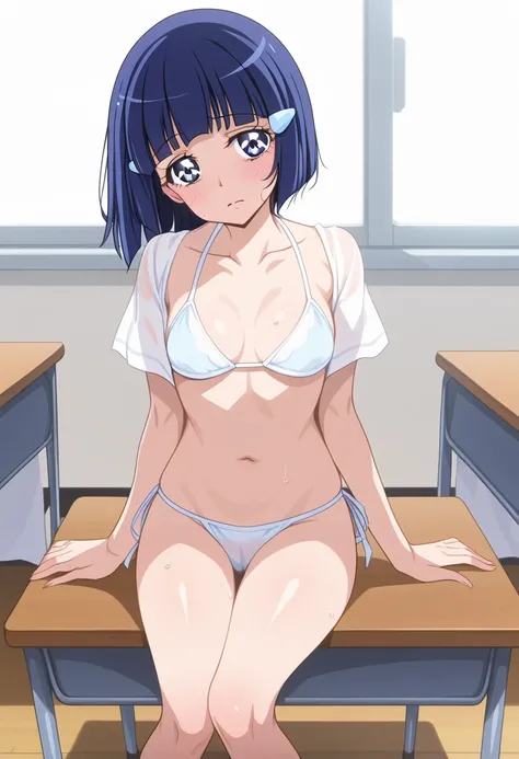  highest image quality taken by Ki、 anatomically accurate、 sit at a desk in a junior high school classroom and open your thighs wide、Sexually provocative facial expressions、 ashamed、Urinating、score_9, score_7, perfect face,  beautiful detailed eyes,screenc...