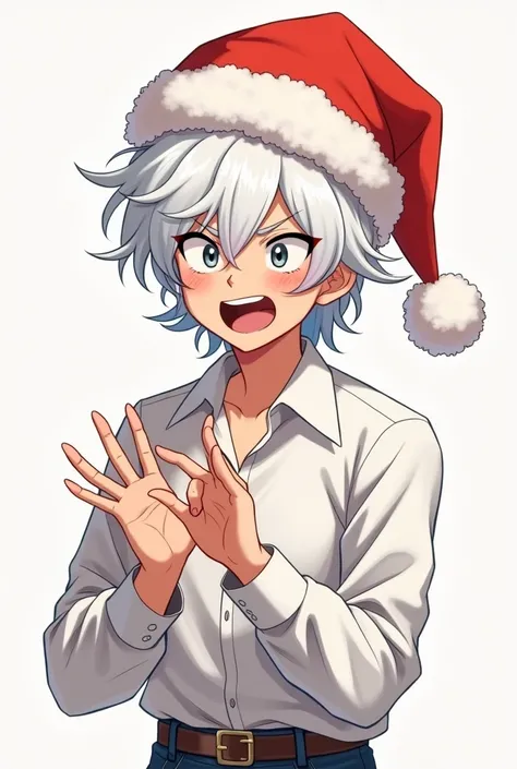 White-haired teenage male character making fun with his hands in a white blouse and Christmas hat