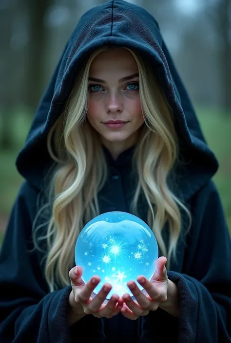 A beautiful, blonde witch with long, wavy hair, dressed in a dark, mysterious cloak. She holds a crystal ball in her hands, glowing softly with a blue light that reflects images of the future. The witch has a deep, enigmatic gaze, as if looking into a dist...