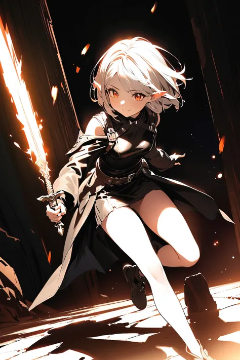 1 girl, (cute face), young elf girl, (short hair), (playful expression), (small breasts), slim, (wearing stylish rogue attire), knee-length, (leather accents), 
BREAK 
Mysterious cave entrance, flickering torches, (sneaking:1.2), (holding a dagger:1.2), sh...