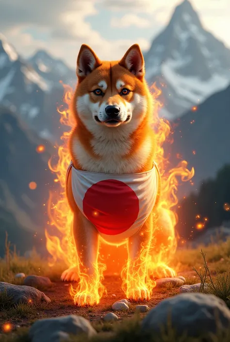 create a swiss shiba on fire with a background of swiss alps and put a japan flag on the shiba