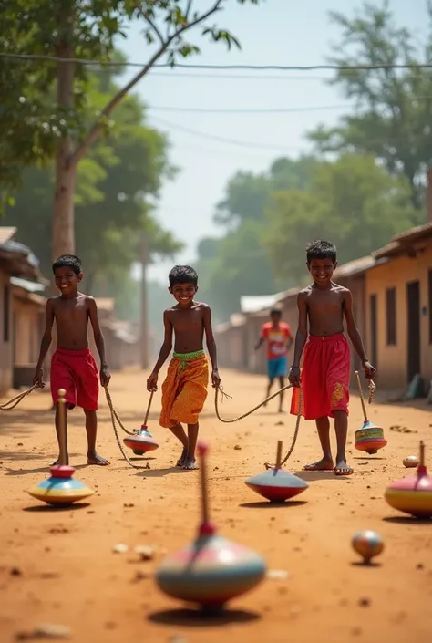 "ren playing the traditional Indian game Lattu (spinning tops) in a vibrant outdoor setting. The s are spinning colorful wooden tops with ropes on the ground, showcasing excitement and joy. The backdrop features a rural or small-town environment with trees...