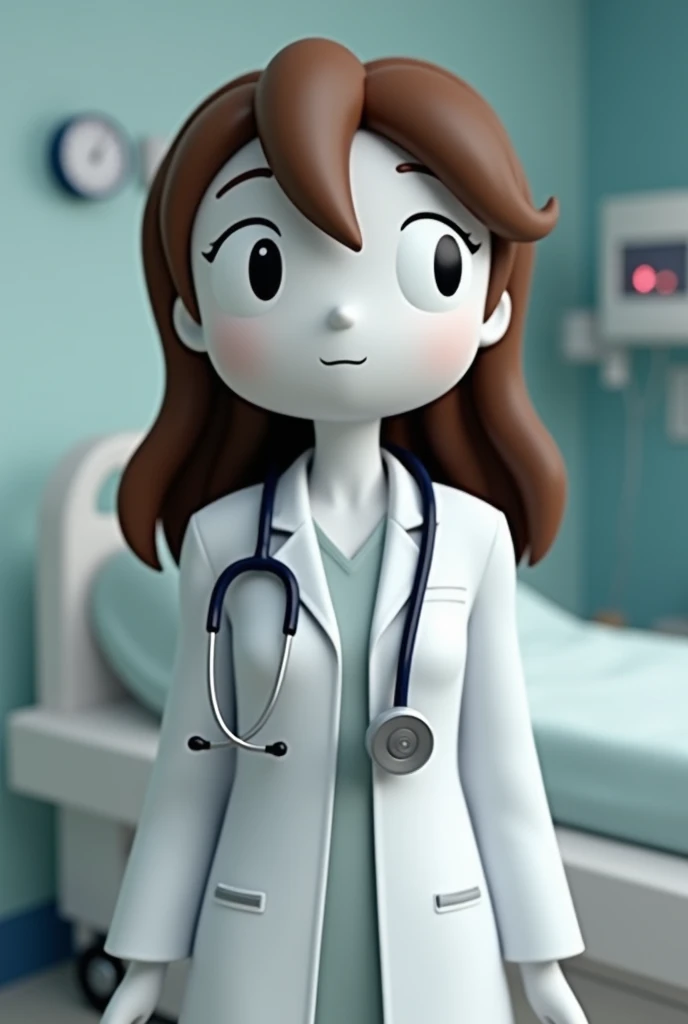 The character in the photo appears to be a stylized figure with a white face and brown hair parted down the middle. They are dressed as a medical professional, wearing a white coat with a stethoscope draped around their neck. The background suggests a hosp...