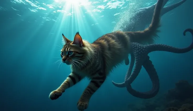 a long hair dark brown tabby Maine Coon cat swimming underwater , behind the cat a giant octopus monster  is fighting with a megalodon,epic under Sea battle happening in background behind the swimming cat, eye-catching vivid colors masterpiece 8k professio...