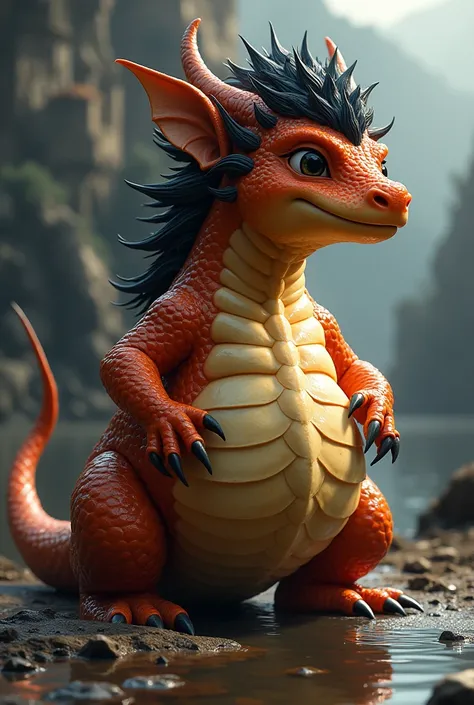 (high quality,4k,8k,highres,masterpiece:1.2),ultra-detailed,(realistic,photorealistic,photo-realistic:1.37),pixiv masterpiece,(intricate details), nsfw, chubby wet feral Dragon with highly detailed orange scales and Black fluffy hair, feral, stunningly sha...