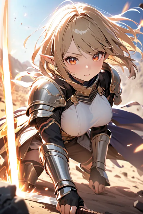 1 girl, (cute face), young elf girl, (medium-length hair), (determined look), (large breasts), slim, (wearing battle armor), thigh-length, (ornate details), 
BREAK 
Epic battlefield, distant mountains, (charging forward:1.2), (raising sword:1.2), dust and ...