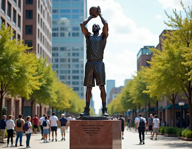 "A bronze statue of a basketball player resembling LeBron James, depicted in the Statue of Liberty pose, holding a basketball high above their head with one arm. The statue accurately reflects LeBrons bald head and muscular physique. It is mounted on a pol...