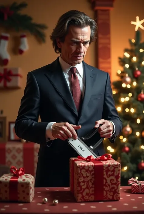 President of Argentina Javier Milei opening gift and taking out chainsaw Christmas background
