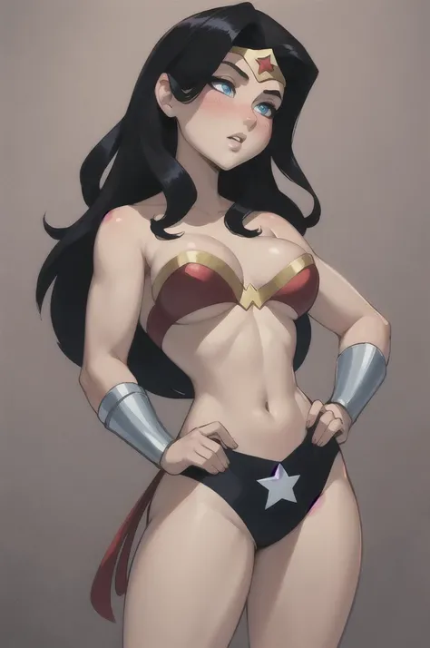 masterpiece, best quality, 1girl, upper body, looking at viewer, contrapposto, hand on hip, wonderwoman, parted lips, contempt, half-closed eyes, blush, black hair, long hair, blue eyes, medium breasts, bikini, nipples poking out 