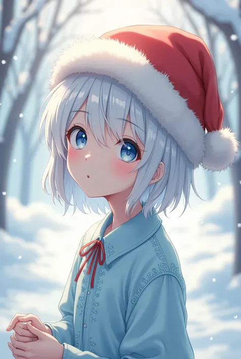 White-haired anime adolescent male character with light blue blouse with Christmas hat