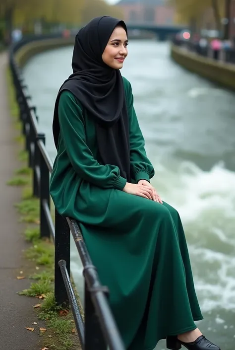 realistic photo, hight quality 16k ,  beautiful dutch girl clean face wearing black hijab smiling ,  wears long green dress newah ,  wears leather shoes ,  is sitting on an iron railing over a rushing river